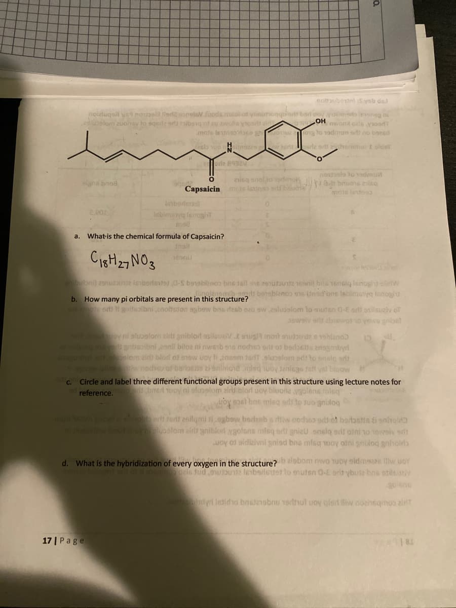 nobauboring Sysb del
quels lede sopois fuods meal of yrnuhoqqo'st bar woy yuzimers leveneg ni
estusslom zuoney to sqede erb mibsig of zu awalis ytosiltair
OH, womicale sood
mots lentno doce ghidonuz aong to redmun adno beseed
22513100 H9220 w gritarle si zhemmuz & sider
t
O
orie 8932V
nostala to vedmui
aisq soljo isdmok
moje la buons misq
mois lestrea
signa brod
Istbodesisl
Isbimsyg leirogit
Ins8
a. What is the chemical formula of Capsaicin?
ins8
C18H127 NO3
hesnil
250R938-1
ani bubni) 251utunde lesberletes 0-s b919biznos bns 1801 818 291012 159mil bis 166lq lsnoght slirtw
lonojensmih sandt bersblanco 918 (tasd'ons labimanya ianoglu
b. How many pi orbitals are present in this structure?
976 mots sdt 11 gnitsolbni,noftston agbow brs desb sau swaslusslom to snuten Q-E eri esilsuziv of
newsiv eff 2b1ewos no yewe gnist
0
Capsaicin
Leor
0
907 boduoy ni sluostom airt gniblor asilsvarvtaught mort sudbirde e 19blano) 10 U
or inflenty ons vers gntisoibni ,esnil biloa ni nweb shs nochso srit of bados engorbyri
goby stepslom air) blod of snow voy tiensem tedT slupslom edt to onale st
fi agbow biles nodis of barosis zienlimo18.misquoy Janiegs tell yel blow
c. Circle and label three different functional groups present in this structure using lecture notes for
reference. et bredt typy ni elupalom zidd blori uoy bluoria vgolens risq
oy sost bas misq adi to juo gnidoq
17| Page
mon YAWA ghibet al shoo eris tent asilami 11.ogbow berfesh s riw codio edi of borostta ái nhold
ni shuest lihw bout boy nelusslom airit griblon ygolens misq arti gnizu snelą sdi olni 10 19weived]
sidizivni gniad bns misq muoy otni grilog gnitolda
woy
ib
d. What is the hybridization of every oxygen in the structure? alebom nwo tuby sidmeaze illw voy
mos quis tud goua lembardeutet to outen G-E brit ybuta bns ssilsuziv
nettsidyri letidha brietaisbnu varhut uoy qis lliw nozhsqmoo airt
9181