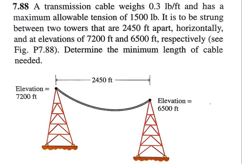 7.88 A transmission cable weighs 0.3 lb/ft and has a
maximum allowable tension of 1500 lb. It is to be strung
between two towers that are 2450 ft apart, horizontally,
and at elevations of 7200 ft and 6500 ft, respectively (see
Fig. P7.88). Determine the minimum length of cable
needed.
Elevation=
7200 ft
2450 ft
Elevation=
6500 ft