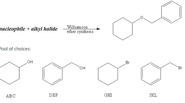 nucleophile + alkyl halide
Pool of choices:
OH
ABC
DEF
Williamson
ether synthesis
OH
GHI
Br
JKL
Br