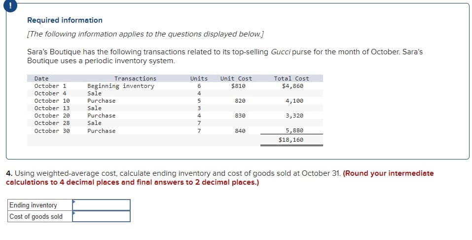 !
Required information
[The following information applies to the questions displayed below.]
Sara's Boutique has the following transactions related to its top-selling Gucci purse for the month of October. Sara's
Boutique uses a periodic inventory system.
Date
October 1
Transactions
Beginning inventory
Units
6
Unit Cost
Total Cost
$810
$4,860
October 4
Sale
October 10
Purchase
October 13
October 20
October 28
October 30
Sale
Purchase
Sale
Purchase
453477
5
820
4,100
830
3,320
840
5,880
$18,160
4. Using weighted-average cost, calculate ending inventory and cost of goods sold at October 31. (Round your intermediate
calculations to 4 decimal places and final answers to 2 decimal places.)
Ending inventory
Cost of goods sold