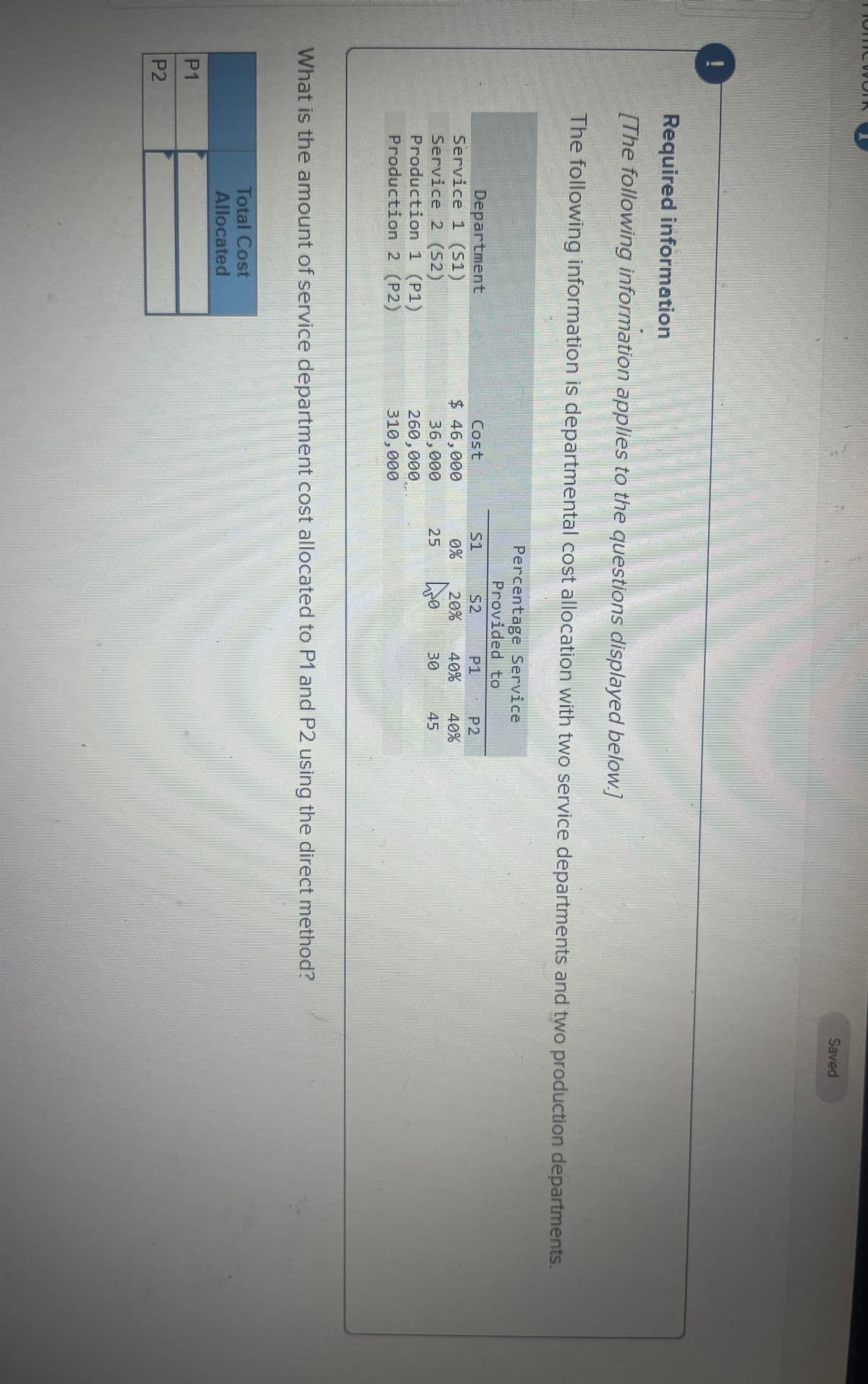 P1
P2
Department
Service 1 (51)
Service 2 (52)
Production 1 (P1)
Production 2 (P2)
Required information
[The following information applies to the questions displayed below.]
The following information is departmental cost allocation with two service departments and two production departments.
Cost
$ 46,000
36,000
260,000
310,000
Total Cost
Allocated
CARIN
Percentage Service
Provided to
25
.
$2
20% 40% 40%
Do
30
What is the amount of service department cost allocated to P1 and P2 using the direct method?
Saved