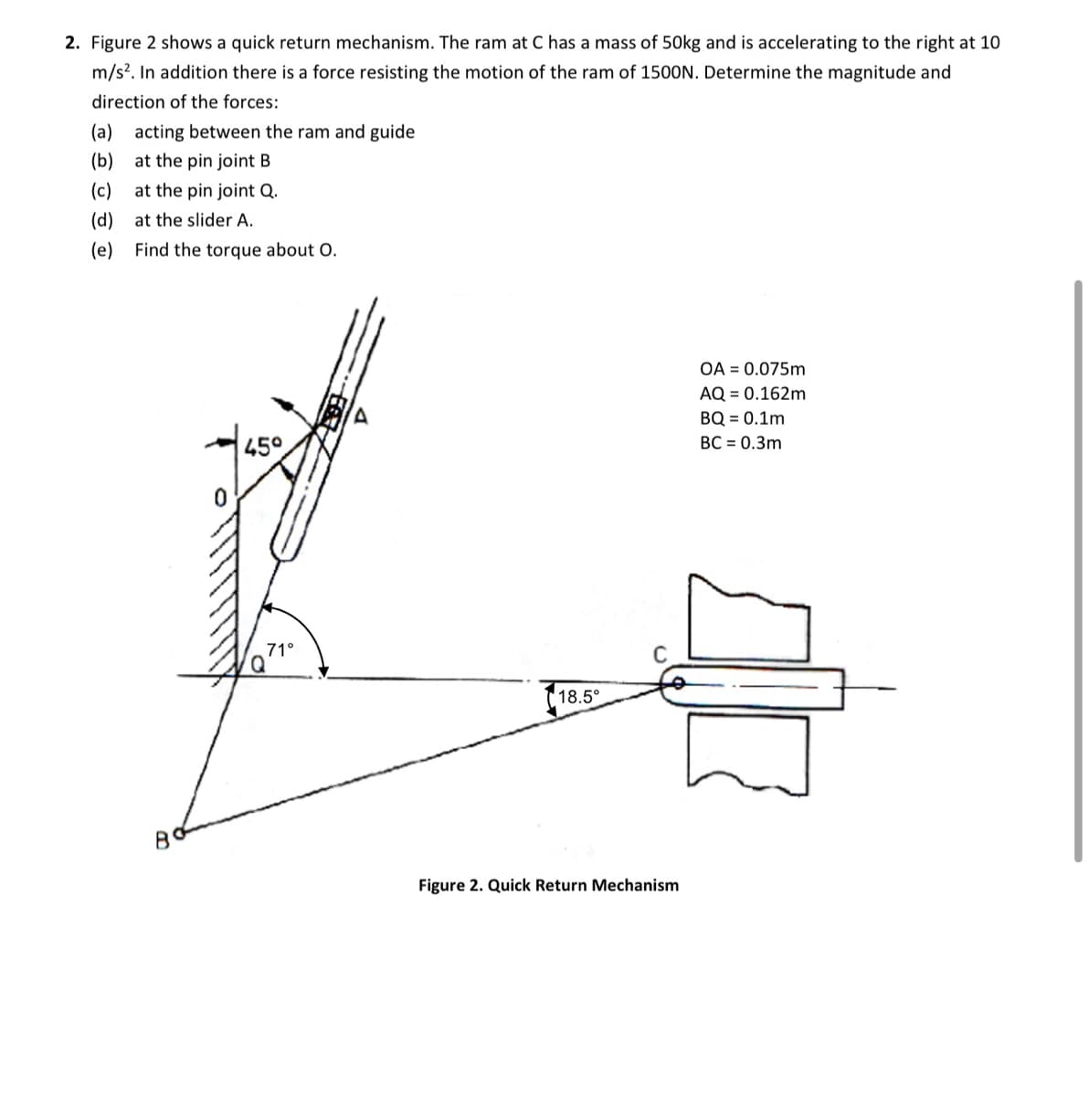 2. Figure 2 shows a quick return mechanism. The ram at C has a mass of 50kg and is accelerating to the right at 10
m/s². In addition there is a force resisting the motion of the ram of 1500N. Determine the magnitude and
direction of the forces:
(a) acting between the ram and guide
(b)
at the pin joint B
(c)
(d)
(e) Find the torque about O.
at the pin joint Q.
at the slider A.
BL
45°
71°
18.5°
Figure 2. Quick Return Mechanism
OA = 0.075m
AQ = 0.162m
BQ = 0.1m
BC = 0.3m