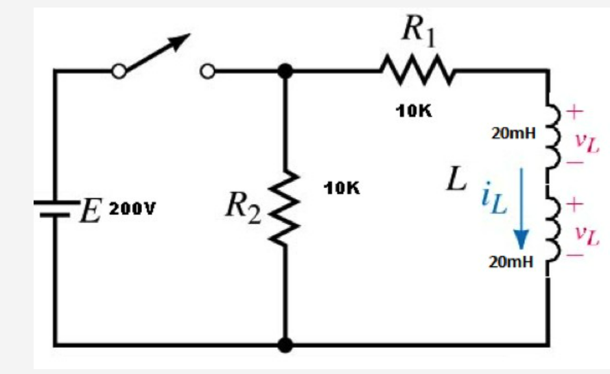 R1
10K
20mH
VL
L
iL
10K
R2
E 200v
VL
20mH
