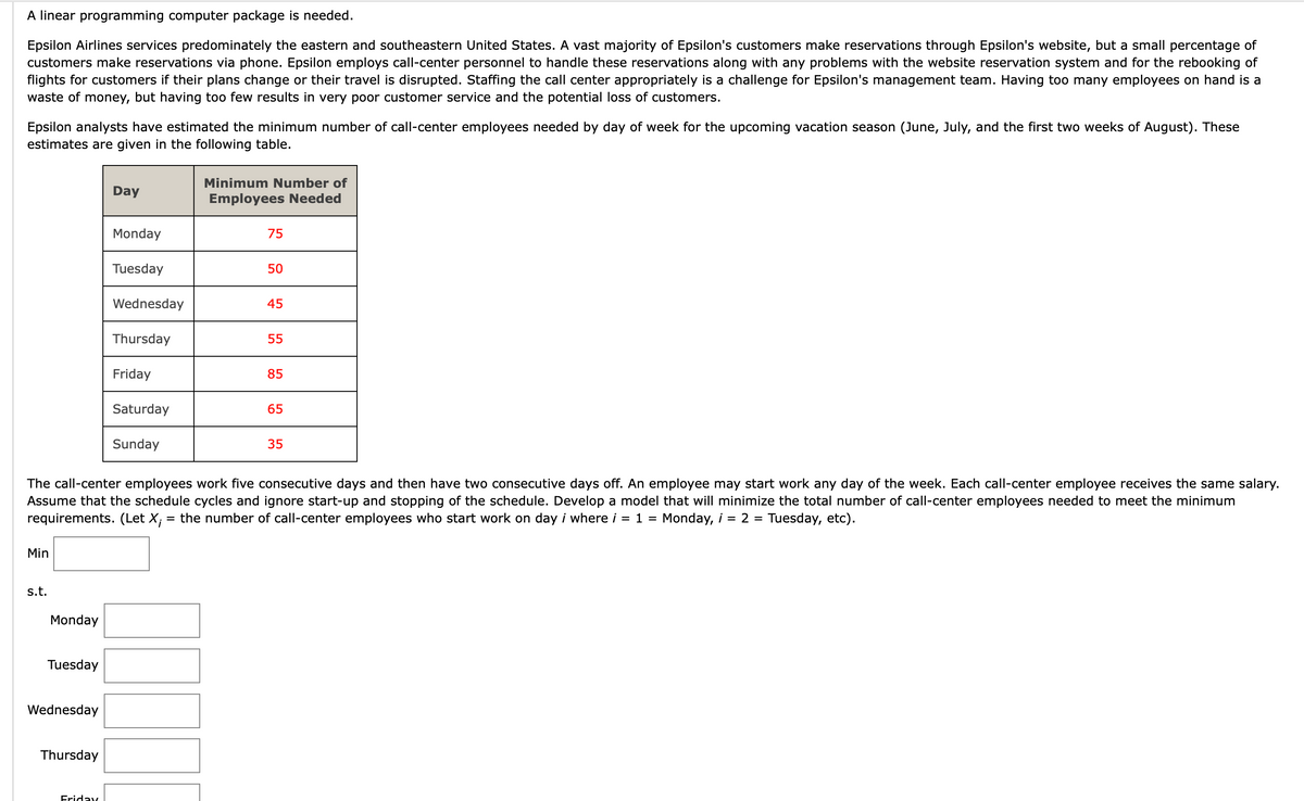 A linear programming computer package is needed.
Epsilon Airlines services predominately the eastern and southeastern United States. A vast majority of Epsilon's customers make reservations through Epsilon's website, but a small percentage of
customers make reservations via phone. Epsilon employs call-center personnel to handle these reservations along with any problems with the website reservation system and for the rebooking of
flights for customers if their plans change or their travel is disrupted. Staffing the call center appropriately is a challenge for Epsilon's management team. Having too many employees on hand is a
waste of money, but having too few results in very poor customer service and the potential loss of customers.
Epsilon analysts have estimated the minimum number of call-center employees needed by day of week for the upcoming vacation season (June, July, and the first two weeks of August). These
estimates are given in the following table.
Minimum Number of
Day
Employees Needed
Monday
75
Tuesday
50
Wednesday
45
Thursday
55
Friday
85
Saturday
65
Sunday
35
The call-center employees work five consecutive days and then have two consecutive days off. An employee may start work any day of the week. Each call-center employee receives the same salary.
Assume that the schedule cycles and ignore start-up and stopping of the schedule. Develop a model that will minimize the total number of call-center employees needed to meet the minimum
requirements. (Let X; = the number of call-center employees who start work on day i where i = 1 =
Monday, i = 2 =
Tuesday, etc).
Min
s.t.
Monday
Tuesday
Wednesday
Thursday
Friday
