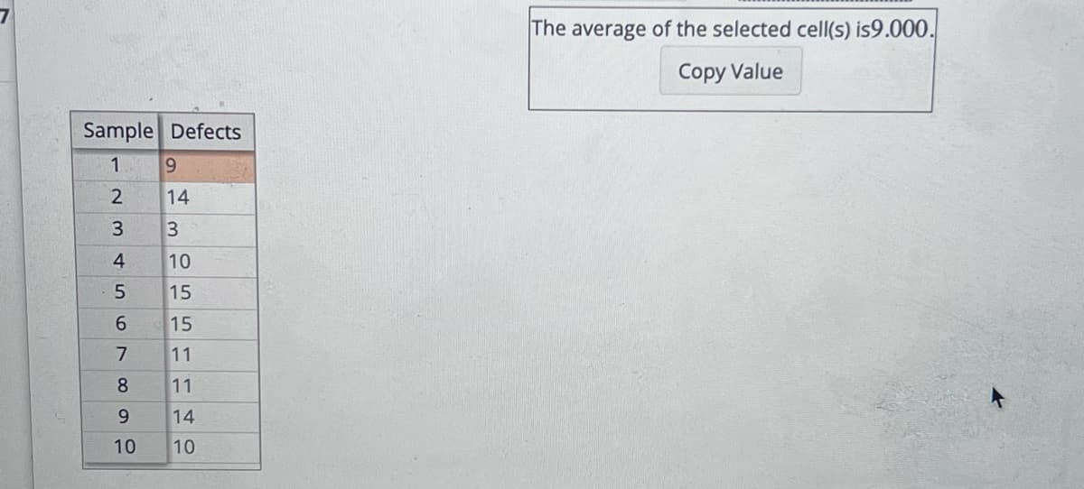 Sample Defects
1
23456789
10
9
14
3
OSSLINE
10
15
15
11
11
14
10
The average of the selected cell(s) is9.000.
Copy Value