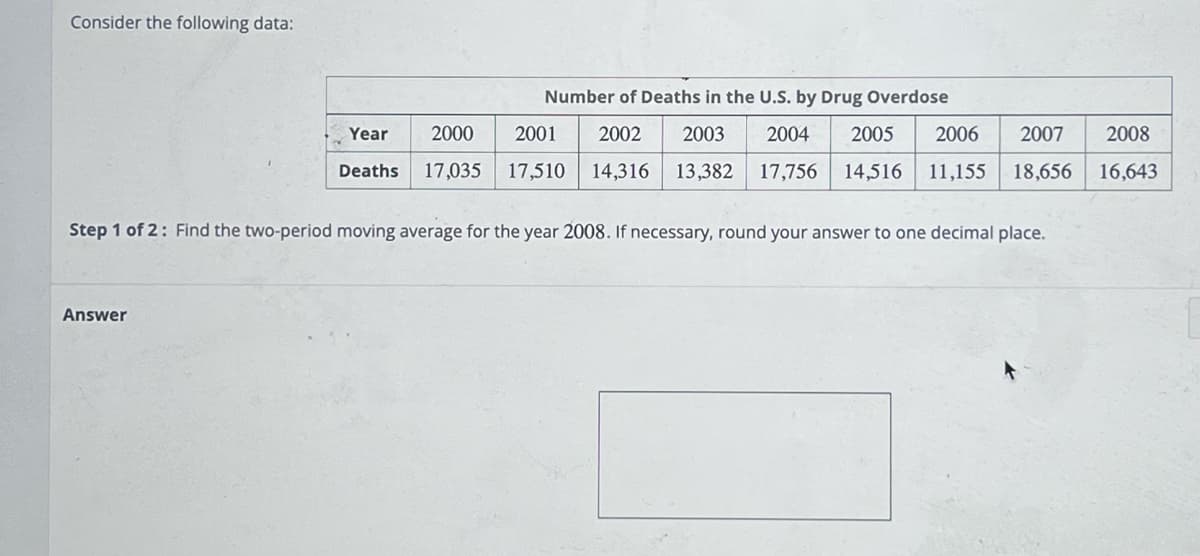 Consider the following data:
Year
Answer
Deaths
Number of Deaths in the U.S. by Drug Overdose
2000
2001 2002 2003 2004 2005 2006
2007 2008
17,035 17,510 14,316 13,382 17,756 14,516 11,155 18,656 16,643
Step 1 of 2: Find the two-period moving average for the year 2008. If necessary, round your answer to one decimal place.