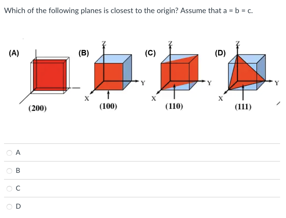 Which of the following planes is closest to the origin? Assume that a = b = c.
(A)
(B)
(C)
(D)
Y
'Y
Y
(200)
(100)
(110)
(111)
O A
В
C
D
