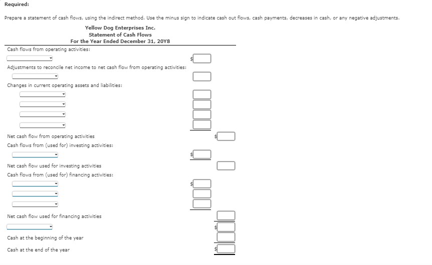 Required:
Prepare a statement of cash flows, using the indirect method. Use the minus sign to indicate cash out flows, cash payments, decreases in cash, or any negative adjustments.
Yellow Dog Enterprises Inc.
Statement of Cash Flows
For the Year Ended December 31, 20Y8
Cash flows from operating activities:
Adjustments to reconcile net income to net cash flow from operating activities:
Changes in current operating assets and liabilities:
Net cash flow from operating activities
Cash flows from (used for) investing activities:
Net cash flow used for investing activities
Cash flows from (used for) financing activities:
Net cash flow used for financing activities
Cash at the beginning of the year
Cash at the end of the year