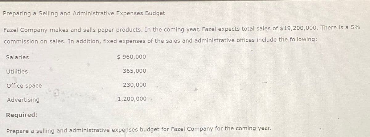 Preparing a Selling and Administrative Expenses Budget
Fazel Company makes and sells paper products. In the coming year, Fazel expects total sales of $19,200,000. There is a 5%
commission on sales. In addition, fixed expenses of the sales and administrative offices include the following:
Salaries
Utilities
Office space
$960,000
365,000
230,000
Advertising
1,200,000
Required:
Prepare a selling and administrative expenses budget for Fazel Company for the coming year.