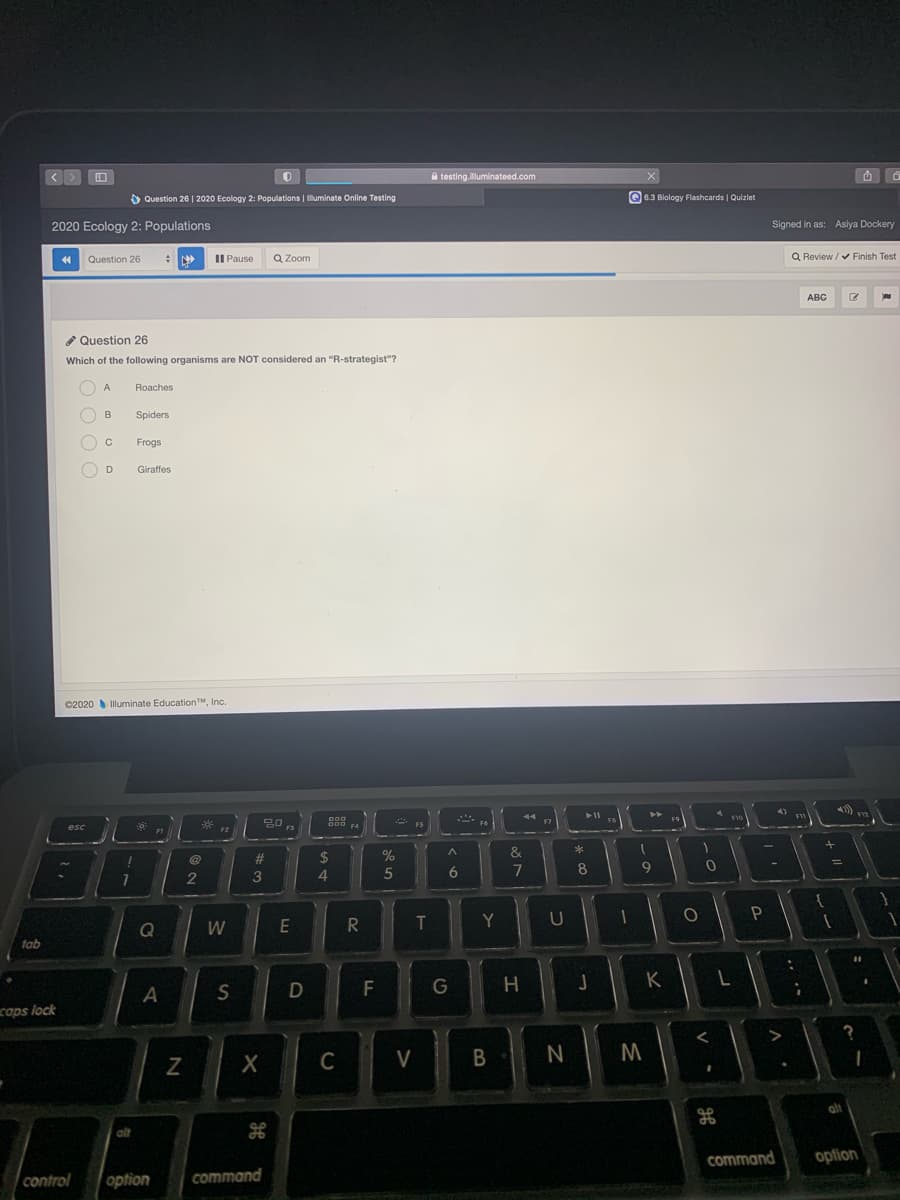 A testing.luminateed.com
|白G
O Question 26 | 2020 Ecology 2: Populations | Iluminate Online Testing
Q 6.3 Biology Flashcards | Quizlet
2020 Ecology 2: Populations
Signed in as: Asiya Dockery
Question 26
II Pause
Q Zoom
Q Review / v Finish Test
ABC
Question 26
Which of the following organisms are NOT considered an "R-strategist"?
O A
Roaches
B
Spiders
Frogs
D
Giraffes
©2020 Illuminate EducationTM, Inc.
%23
2$
3
4.
6.
8.
Q
W
T
Y
tab
H.
K
S
D
caps lock
C
V
N
alt
olt
command
option
control
option
command
V
N
