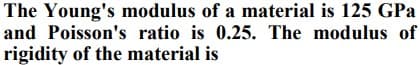 The Young's modulus of a material is 125 GPa
and Poisson's ratio is 0.25. The modulus of
rigidity of the material is
