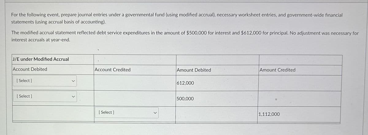 For the following event, prepare journal entries under a governmental fund (using modified accrual), necessary worksheet entries, and government-wide financial
statements (using accrual basis of accounting).
The modified accrual statement reflected debt service expenditures in the amount of $500,000 for interest and $612,000 for principal. No adjustment was necessary for
interest accruals at year-end.
J/E under Modified Accrual
Account Debited
[ Select]
[Select]
>
>
Account Credited
[Select]
Amount Debited
612,000
500,000
Amount Credited
1,112,000