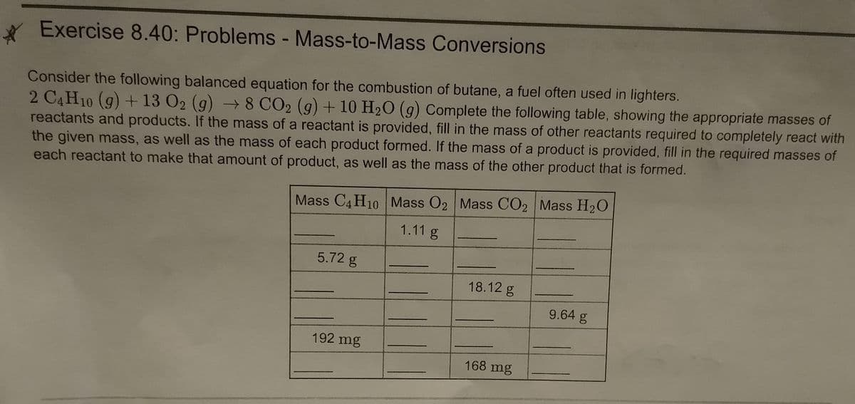 A Exercise 8.40: Problems - Mass-to-Mass Conversions
Consider the following balanced equation for the combustion of butane, a fuel often used in lighters.
2 C4H10 (9) + 13 02 (g) 8 CO2 (g) + 10 H20 (g) Complete the following table, showing the appropriate masses of
reactants and products. If the mass of a reactant is provided, fill in the mass of other reactants required to completely react with
the given mass, as well as the mass of each product formed. If the mass of a product is provided, fill in the required masses of
each reactant to make that amount of product, as well as the mass of the other product that is formed.
Mass C4 H10 Mass O2 Mass CO2 Mass H2O
1.11 g
5.72 g
18.12 g
9.64 g
192 mg
168 mg

