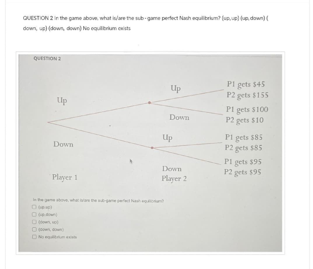 QUESTION 2 In the game above, what is/are the sub-game perfect Nash equilibrium? (up, up) (up, down) (
down, up) (down, down) No equilibrium exists
QUESTION 2
Up
Down
Player 1
No equilibrium exists
Up
In the game above, what is/are the sub-game perfect Nash equilibrium?
(up,up)
(up,down)
(down, up)
□ (down, down)
Down
Up
Down
Player 2
P1 gets $45
P2 gets $155
P1 gets $100
P2 gets $10
P1 gets $85
P2 gets $85
P1 gets $95
P2 gets $95