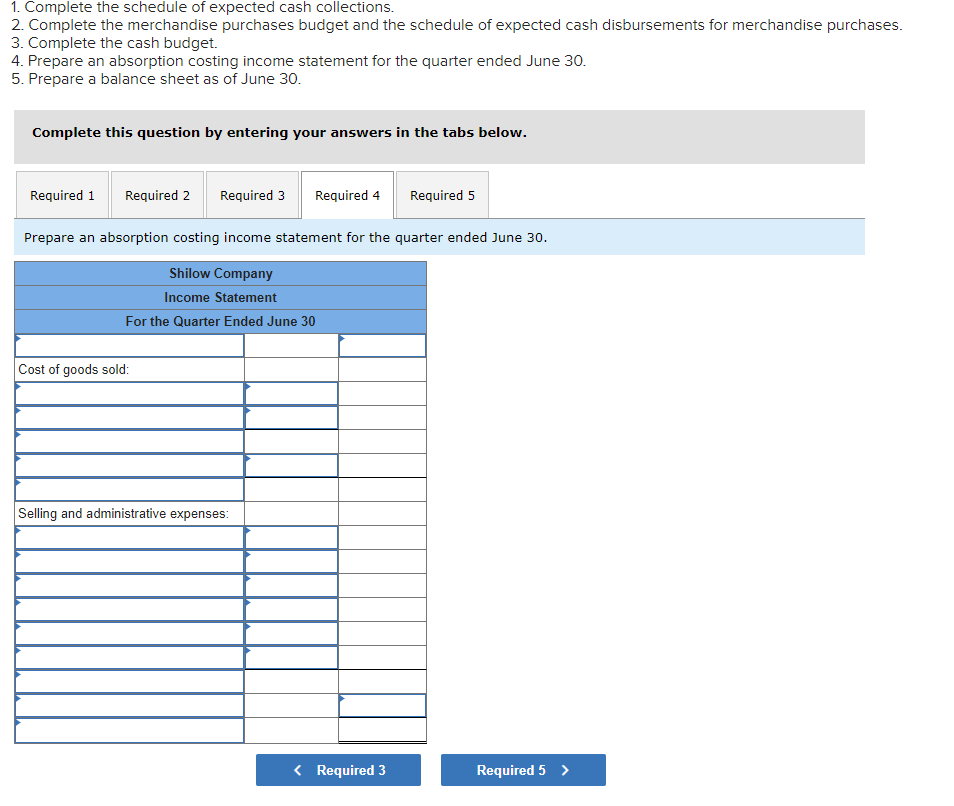 1. Complete the schedule of expected cash collections.
2. Complete the merchandise purchases budget and the schedule of expected cash disbursements for merchandise purchases.
3. Complete the cash budget.
4. Prepare an absorption costing income statement for the quarter ended June 30.
5. Prepare a balance sheet as of June 30.
Complete this question by entering your answers in the tabs below.
Required 1 Required 2 Required 3 Required 4
Prepare an absorption costing income statement for the quarter ended June 30.
Shilow Company
Income Statement
For the Quarter Ended June 30
Cost of goods sold:
Selling and administrative expenses:
Required 5
< Required 3
Required 5 >