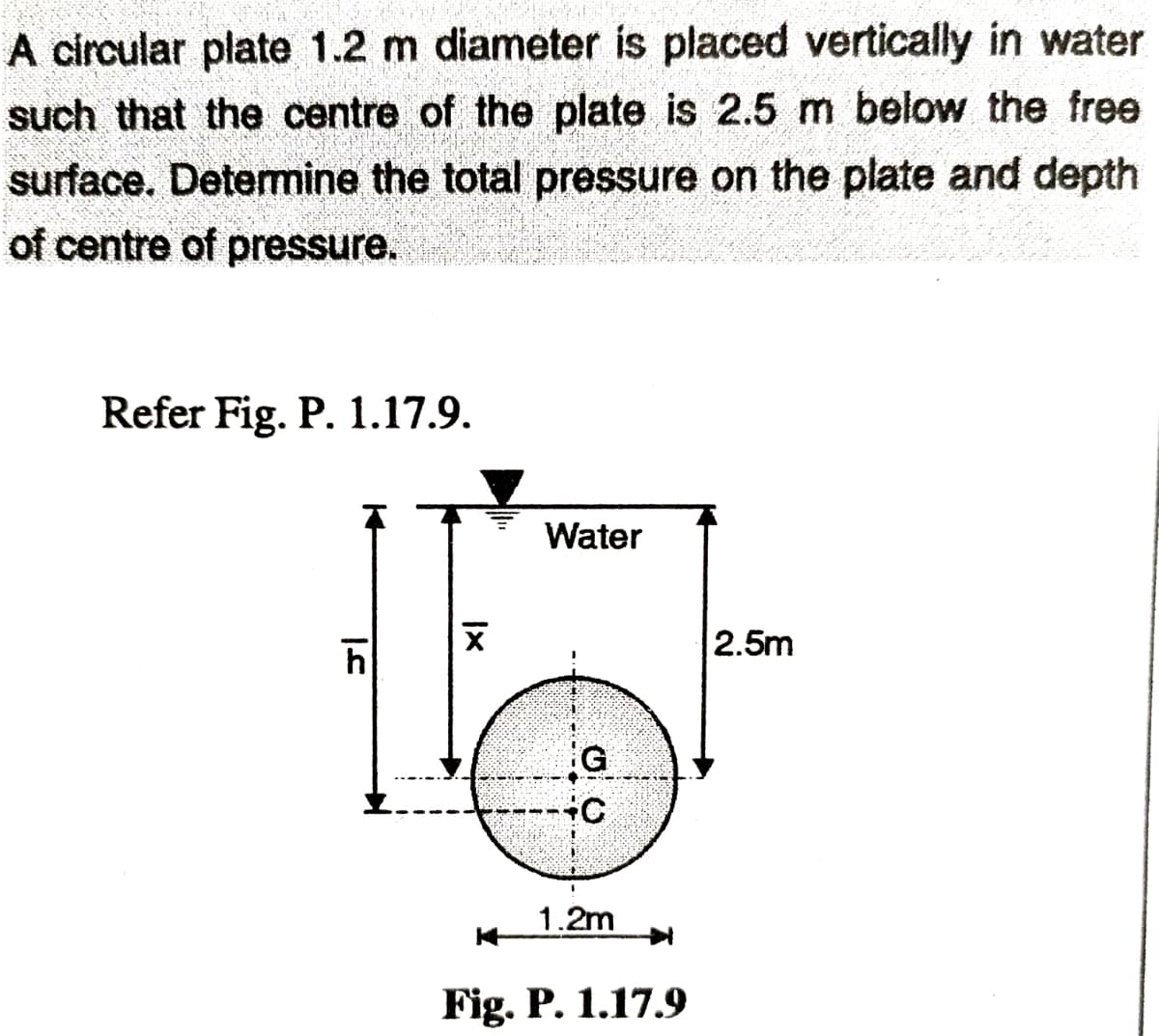 A circular plate 1.2 m diameter is placed vertically in water
such that the centre of the plate is 2.5 m below the free
surface. Detemine the total pressure on the plate and depth
of centre of pressure.
Refer Fig. P. 1.17.9.
Water
2.5m
1.2m
Fig. P. 1.17.9
