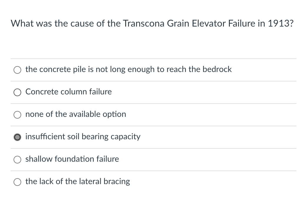 What was the cause of the Transcona Grain Elevator Failure in 1913?
the concrete pile is not long enough to reach the bedrock
Concrete column failure
none of the available option
insufficient soil bearing capacity
shallow foundation failure
the lack of the lateral bracing
