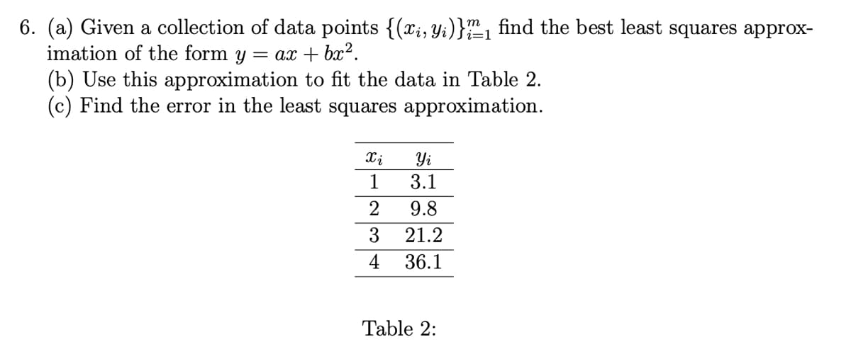 i=1
6. (a) Given a collection of data points {(xi, yi)}₁ find the best least squares approx-
imation of the form y = ax + bx².
(b) Use this approximation to fit the data in Table 2.
(c) Find the error in the least squares approximation.
Xi
1
2
3
4
Yi
3.1
9.8
21.2
36.1
Table 2: