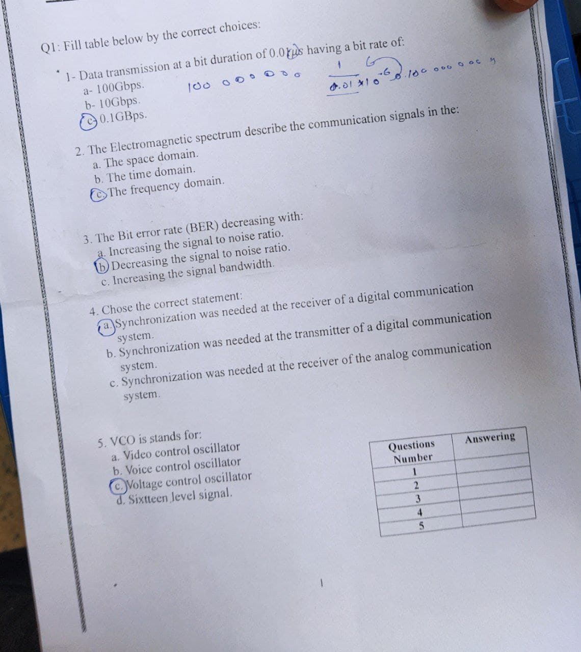 Q1: Fill table below by the correct choices:
1- Data transmission at a bit duration of 0.0us having a bit rate of:
a- 100Gbps.
b- 10Gbps.
O 0.1GBPS.
100 000
2. The Electromagnetic spectrum describe the communication signals in the:
a. The space domain.
b. The time domain.
The frequency domain.
3. The Bit error rate (BER) decreasing with:
Increasing the signal to noise ratio.
DDecreasing the signal to noise ratio.
c. Increasing the signal bandwidth.
4. Chose the correct statement:
a Synchronization was needed at the receiver of a digital communication
system.
b. Synchronization was needed at the transmitter of a digital communication
system.
c. Synchronization was needed at the receiver of the analog communication
system.
5. VCO is stands for:
a. Video control oscillator
b. Voice control oscillator
Answering
Questions
Number
CVoltage control oscillator
d. Sixtteen level signal.
3
4
