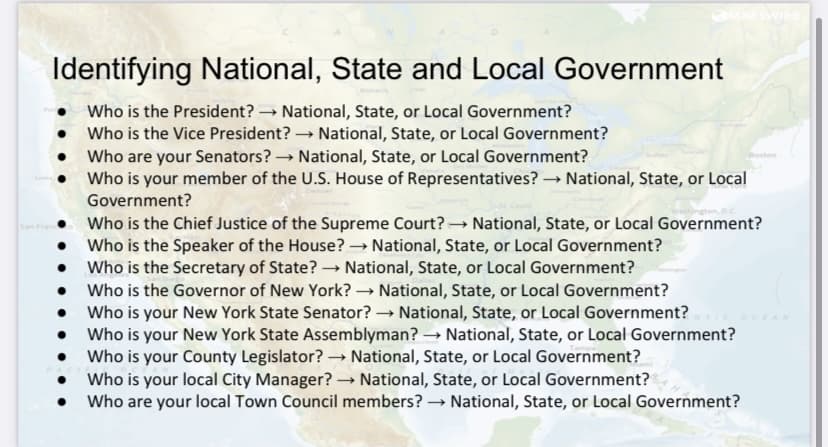 Identifying National, State and Local Government
Who is the President? → National, State, or Local Government?
• Who is the Vice President? → National, State, or Local Government?
Who are your Senators? → National, State, or Local Government?
Who is your member of the U.S. House of Representatives? → National, State, or Local
Government?
Boston
Who is the Chief Justice of the Supreme Court? National, State, or Local Government?
Who is the Speaker of the House? → National, State, or Local Government?
Who is the Secretary of State? National, State, or Local Government?
San
Who is the Governor of New York? → National, State, or Local Government?
• Who is your New York State Senator? → National, State, or Local Government?
• Who is your New York State Assemblyman? → National, State, or Local Government?
• Who is your County Legislator? → National, State, or Local Government?
Who is your local City Manager? → National, State, or Local Government?
Who are your local Town Council members? → National, State, or Local Government?
