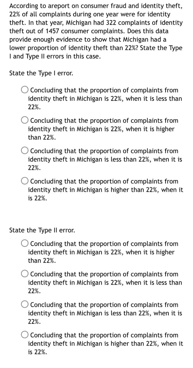 According to areport on consumer fraud and identity theft,
22% of all complaints during one year were for identity
theft. In that year, Michigan had 322 complaints of identity
theft out of 1457 consumer complaints. Does this data
provide enough evidence to show that Michigan had a
lower proportion of identity theft than 22%? State the Type
I and Type II errors in this case.
State the Type I error.
O Concluding that the proportion of complaints from
identity theft in Michigan is 22%, when it is less than
22%.
Concluding that the proportion of complaints from
identity theft in Michigan is 22%, when it is higher
than 22%.
O Concluding that the proportion of complaints from
identity theft in Michigan is less than 22%, when it is
22%.
O Concluding that the proportion of complaints from
identity theft in Michigan is higher than 22%, when it
is 22%.
State the Type II error.
O Concluding that the proportion of complaints from
identity theft in Michigan is 22%, when it is higher
than 22%.
Concluding that the proportion of complaints from
identity theft in Michigan is 22%, when it is less than
22%.
O Concluding that the proportion of complaints from
identity theft in Michigan is less than 22%, when it is
22%.
Concluding that the proportion of complaints from
identity theft in Michigan is higher than 22%, when it
is 22%.