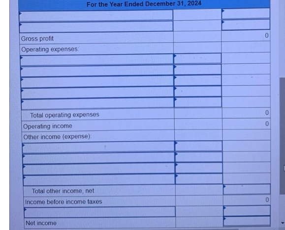 Gross profit
Operating expenses:
For the Year Ended December 31, 2024
Total operating expenses
Operating income
Other income (expense):
Total other income, net
Income before income taxes.
Net income
0
0
0
0