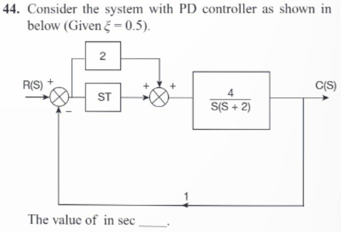 44. Consider the system with PD controller as shown in
below (Given = 0.5).
R(S)
+
2
ST
The value of in sec
+
4
S(S + 2)
C(S)