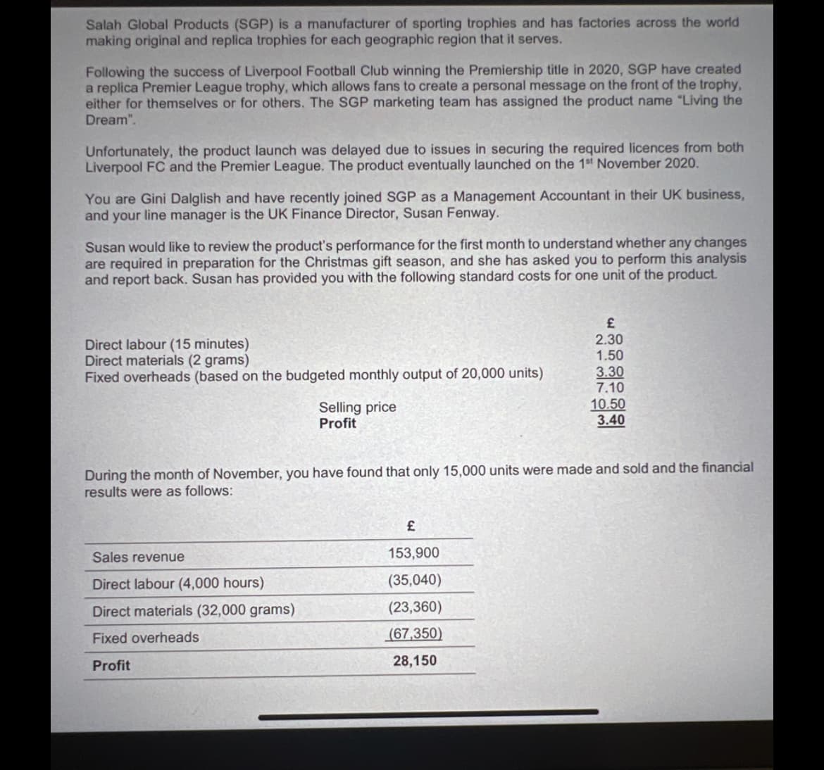 Salah Global Products (SGP) is a manufacturer of sporting trophies and has factories across the world
making original and replica trophies for each geographic region that it serves.
Following the success of Liverpool Football Club winning the Premiership title in 2020, SGP have created
a replica Premier League trophy, which allows fans to create a personal message on the front of the trophy,
either for themselves or for others. The SGP marketing team has assigned the product name "Living the
Dream".
Unfortunately, the product launch was delayed due to issues in securing the required licences from both
Liverpool FC and the Premier League. The product eventually launched on the 1st November 2020.
You are Gini Dalglish and have recently joined SGP as a Management Accountant in their UK business,
and your line manager is the UK Finance Director, Susan Fenway.
Susan would like to review the product's performance for the first month to understand whether any changes
are required in preparation for the Christmas gift season, and she has asked you to perform this analysis
and report back. Susan has provided you with the following standard costs for one unit of the product.
Direct labour (15 minutes)
Direct materials (2 grams)
Fixed overheads (based on the budgeted monthly output of 20,000 units)
Selling price
Profit
Sales revenue
Direct labour (4,000 hours)
Direct materials (32,000 grams)
Fixed overheads
Profit
During the month of November, you have found that only 15,000 units were made and sold and the financial
results were as follows:
£
2.30
1.50
3.30
7.10
10.50
3.40
£
153,900
(35,040)
(23,360)
(67,350)
28,150