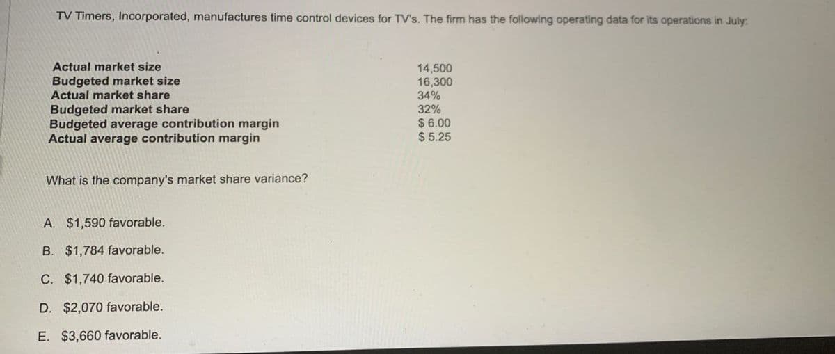 TV Timers, Incorporated, manufactures time control devices for TV's. The firm has the following operating data for its operations in July:
Actual market size
Budgeted market size
Actual market share
Budgeted market share
Budgeted average contribution margin
Actual average contribution margin
What is the company's market share variance?
A. $1,590 favorable.
B. $1,784 favorable.
C. $1,740 favorable.
D. $2,070 favorable.
E. $3,660 favorable.
14,500
16,300
34%
32%
$6.00
$5.25