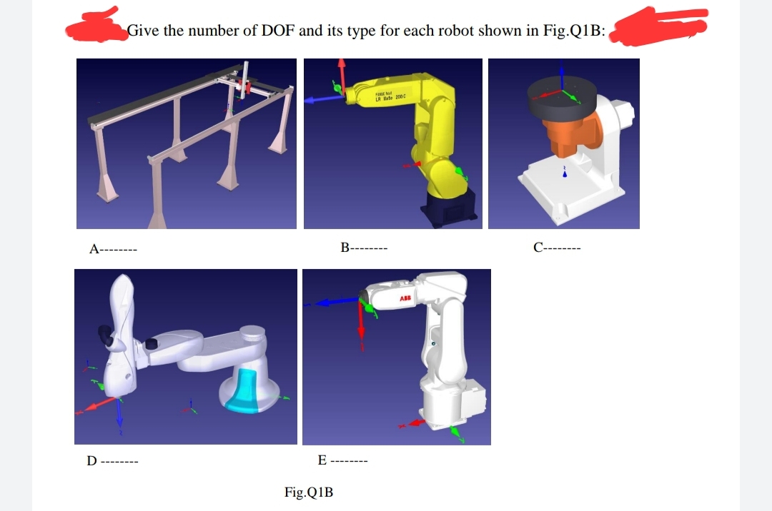 A
D
Give the number of DOF and its type for each robot shown in Fig.Q1B:
‒‒‒‒‒‒‒‒
영
E
FINE
totate 2000
7
Fig.Q1B
B--------
ABE
Î