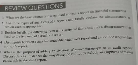 REVIEW QUESTIONS
I What are the basic elements in a standard auditor's report on financial statements
2 List three types of qualificd audit reports and briefly explain the circumstances in
which each is appropriate.
lead to the issuance of a qualified report.
- Distinguish between a standard unqualified auditor's report and a modified unqualified
auditor's report.
S What is the purpose of adding an emphasis of matter paragraph to an audit repone
Discuss the circumstances that may cause the auditor to include an emphasis of matter
paragraph in the audit report.
