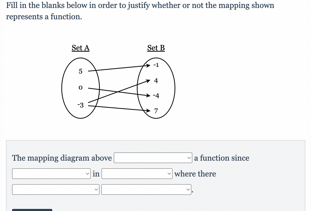 Fill in the blanks below in order to justify whether or not the mapping shown
represents a function.
Set A
5
-3
The mapping diagram above
in
Set B
4
-4
7
a function since
where there