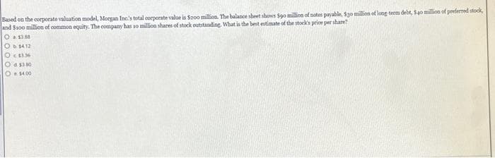 Based on the corporate valuation model, Morgan Inc.'s total corporate value is $200 million. The balance sheet shows $90 million of notes payable, $30 million of long term debt, $40 million of preferred stock,
and $100 million of common equity. The company has so million shares of stock outstanding. What is the best estimate of the stock's price per share?
1388
OD 14.12
O c $336
Od 380
O 14.00