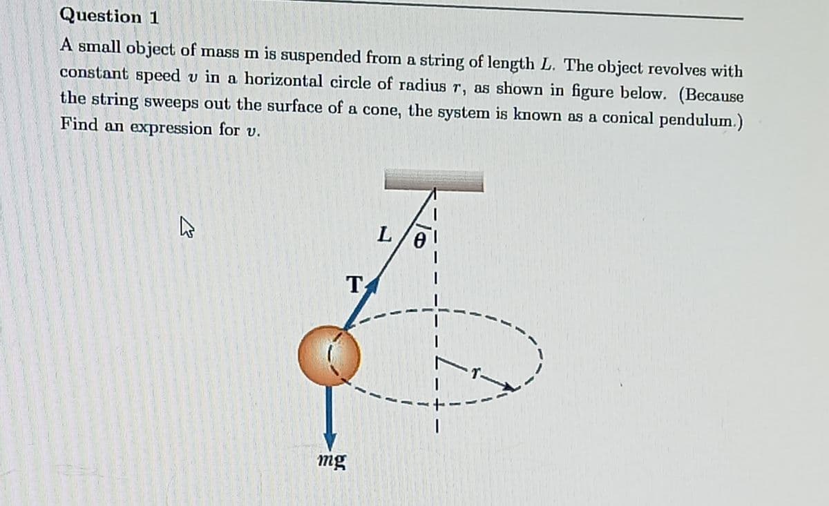 Question 1
A small object of mass m is suspended from a string of length L. The object revolves with
constant speed v in a horizontal circle of radius r, as shown in figure below. (Because
the string sweeps out the surface of a cone, the system is known as a conical pendulum.)
Find an expression for v.
13
T
L/0
mg