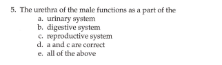 5. The urethra of the male functions as a part of the
a. urinary system
b. digestive system
c. reproductive system
d. a and c are correct
e. all of the above
