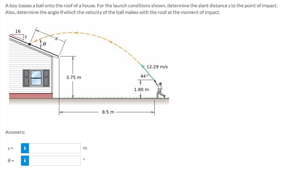 A boy tosses a ball onto the roof of a house. For the launch conditions shown, determine the slant distance s to the point of impact.
Also, determine the angle e which the velocity of the ball makes with the roof at the moment of impact.
16
12.29 m/s
3.75 m
440
1.80 m
8.5 m
Answers:
i
e =
