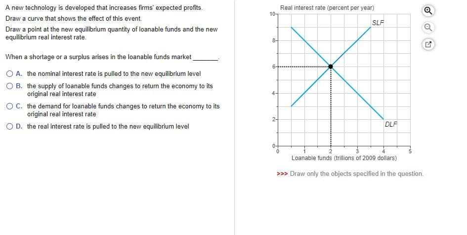 A new technology is developed that increases firms' expected profits.
Draw a curve that shows the effect of this event.
10-
Draw a point at the new equilibrium quantity of loanable funds and the new
equilibrium real interest rate.
8-
When a shortage or a surplus arises in the loanable funds market
6-
A. the nominal interest rate is pulled to the new equilibrium level
OB. the supply of loanable funds changes to return the economy to its
original real interest rate
4-
OC. the demand for loanable funds changes to return the economy to its
original real interest rate
OD. the real interest rate is pulled to the new equilibrium level
2-
Real interest rate (percent per year)
SLF
DLF
0
Loanable funds (trillions of 2009 dollars)
>>> Draw only the objects specified in the question.
G