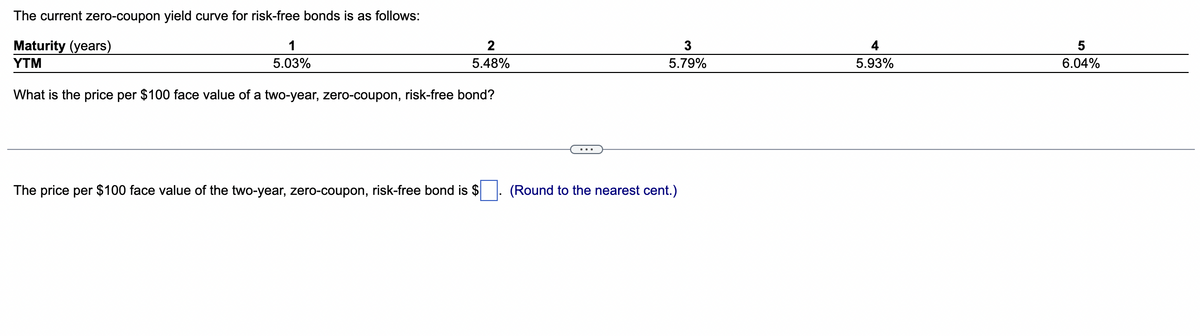 The current zero-coupon yield curve for risk-free bonds is as follows:
Maturity (years)
1
5.03%
YTM
What is the price per $100 face value of a two-year, zero-coupon, risk-free bond?
2
5.48%
The price per $100 face value of the two-year, zero-coupon, risk-free bond is $
3
5.79%
(Round to the nearest cent.)
4
5.93%
5
6.04%