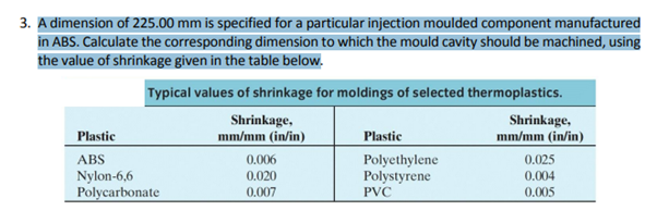 3. A dimension of 225.00 mm is specified for a particular injection moulded component manufactured
in ABS. Calculate the corresponding dimension to which the mould cavity should be machined, using
the value of shrinkage given in the table below.
Typical values of shrinkage for moldings of selected thermoplastics.
Shrinkage,
mm/mm (in/in)
Shrinkage,
Plastic
Plastic
mm/mm (in/in)
ABS
Polyethylene
Polystyrene
0.006
0.025
Nylon-6,6
Polycarbonate
0.020
0.004
0.007
PVC
0.005
