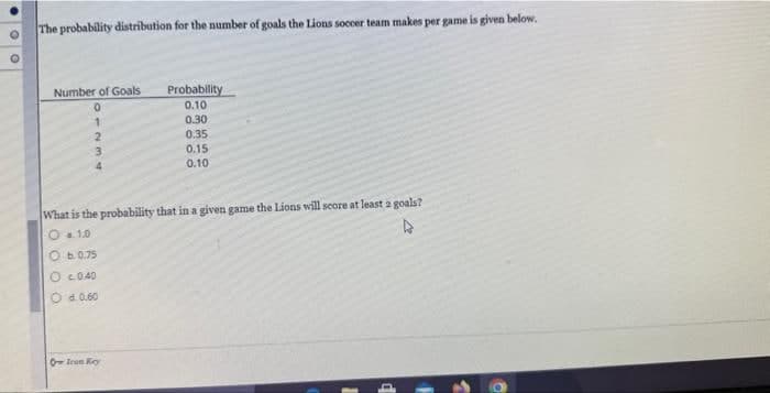 The probability distribution for the number of goals the Lions soccer team makes per game is given below.
Number of Goals
Probability
1233O
0.10
0.30
0.35
0.15
0.10
What is the probability that in a given game the Lions will score at least 2 goals?
©α.1.0
6.0.75
Oc.0.40
d. 0.60
Icon Koy