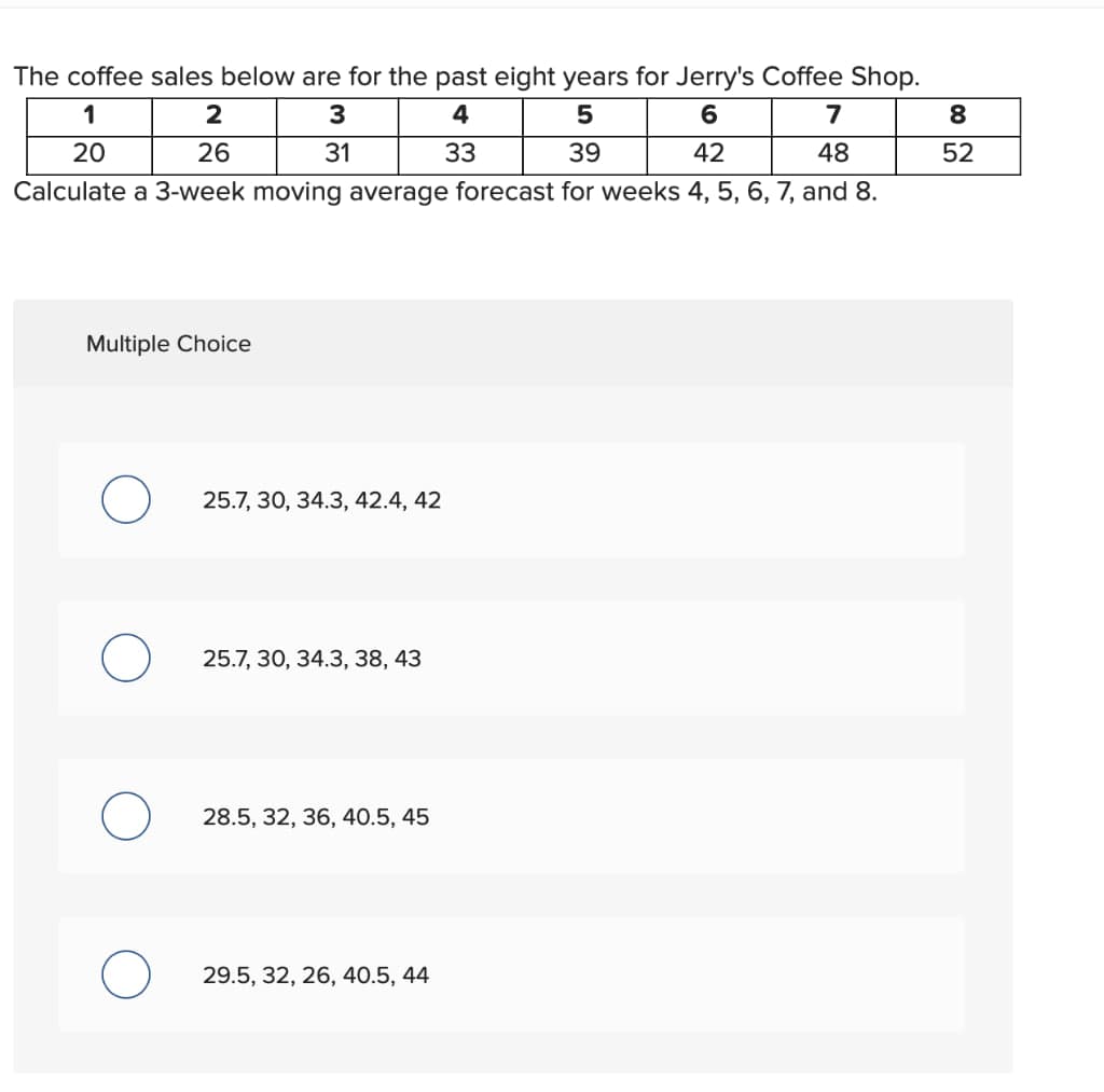 The coffee sales below are for the past eight years for Jerry's Coffee Shop.
1
2
20
26
3
31
4
5
6
7
8
33
39
42
48
52
Calculate a 3-week moving average forecast for weeks 4, 5, 6, 7, and 8.
Multiple Choice
25.7, 30, 34.3, 42.4, 42
25.7, 30, 34.3, 38, 43
О
28.5, 32, 36, 40.5, 45
29.5, 32, 26, 40.5, 44