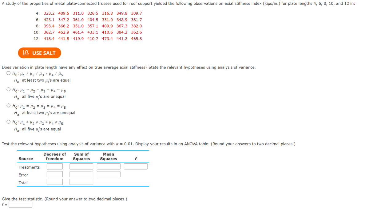 A study of the properties of metal plate-connected trusses used for roof support yielded the following observations on axial stiffness index (kips/in.) for plate lengths 4, 6, 8, 10, and 12 in:
4: 323.2 409.5 311.0 326.5 316.8 349.8 309.7
6: 423.1 347.2 361.0 404.5 331.0 348.9 381.7
357.1 409.9 367.3 382.0
8: 393.4 366.2 351.0
10: 362.7 452.9 461.4 433.1 410.6 384.2 362.6
12: 418.4 441.8 419.9 410.7 473.4 441.2 465.8
USE SALT
Does variation in plate length have any effect on true average axial stiffness? State the relevant hypotheses using analysis of variance.
O Ho: M₁ M₂ M3 M4 M5
#
#
H₂: at least two μ's are equal
O Ho: M₁ = M₂ = μ3 = μ¹4 = μ5
H₂: all five μ's are unequal
Ho: M₁ = μ₂ = μ3 = μ 4 = μ5
H₂: at least two μ's are unequal
a
Ho: M₁ M₂ ‡μ3 ‡ M4 ‡ M5
H₂: all five μ's are equal
Test the relevant hypotheses using analysis of variance with a = 0.01. Display your results in an ANOVA table. (Round your answers to two decimal places.)
Degrees of
freedom
Sum of
Squares
Mean
Squares
Source
Error
Total
Treatments
Give the test statistic. (Round your answer to two decimal places.)
f =
f