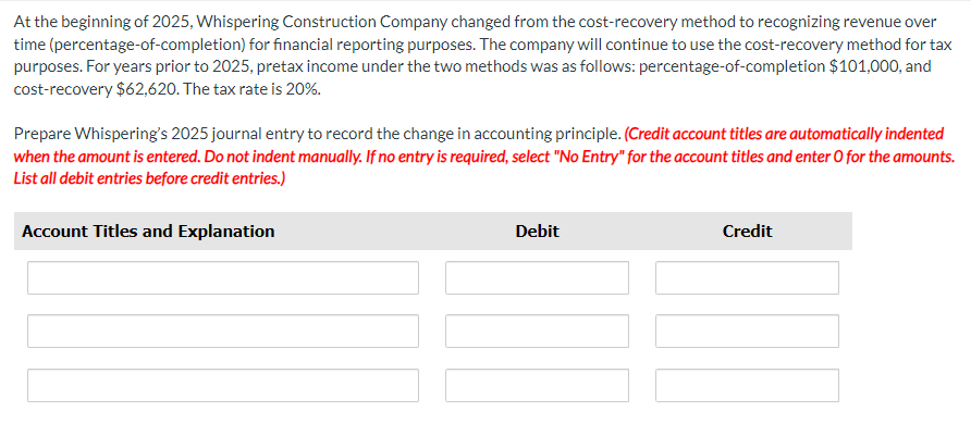 At the beginning of 2025, Whispering Construction Company changed from the cost-recovery method to recognizing revenue over
time (percentage-of-completion) for financial reporting purposes. The company will continue to use the cost-recovery method for tax
purposes. For years prior to 2025, pretax income under the two methods was as follows: percentage-of-completion $101,000, and
cost-recovery $62,620. The tax rate is 20%.
Prepare Whispering's 2025 journal entry to record the change in accounting principle. (Credit account titles are automatically indented
when the amount is entered. Do not indent manually. If no entry is required, select "No Entry" for the account titles and enter O for the amounts.
List all debit entries before credit entries.)
Account Titles and Explanation
Debit
Credit
