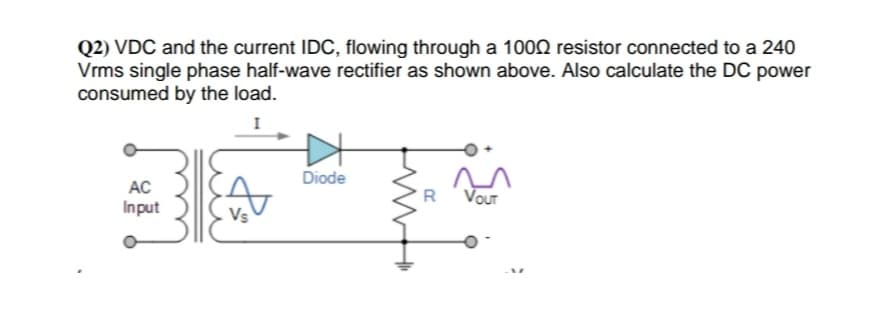 Q2) VDC and the current IDC, flowing through a 1002 resistor connected to a 240
Vrms single phase half-wave rectifier as shown above. Also calculate the DC power
consumed by the load.
I
Diode
AC
R
Vour
Input
