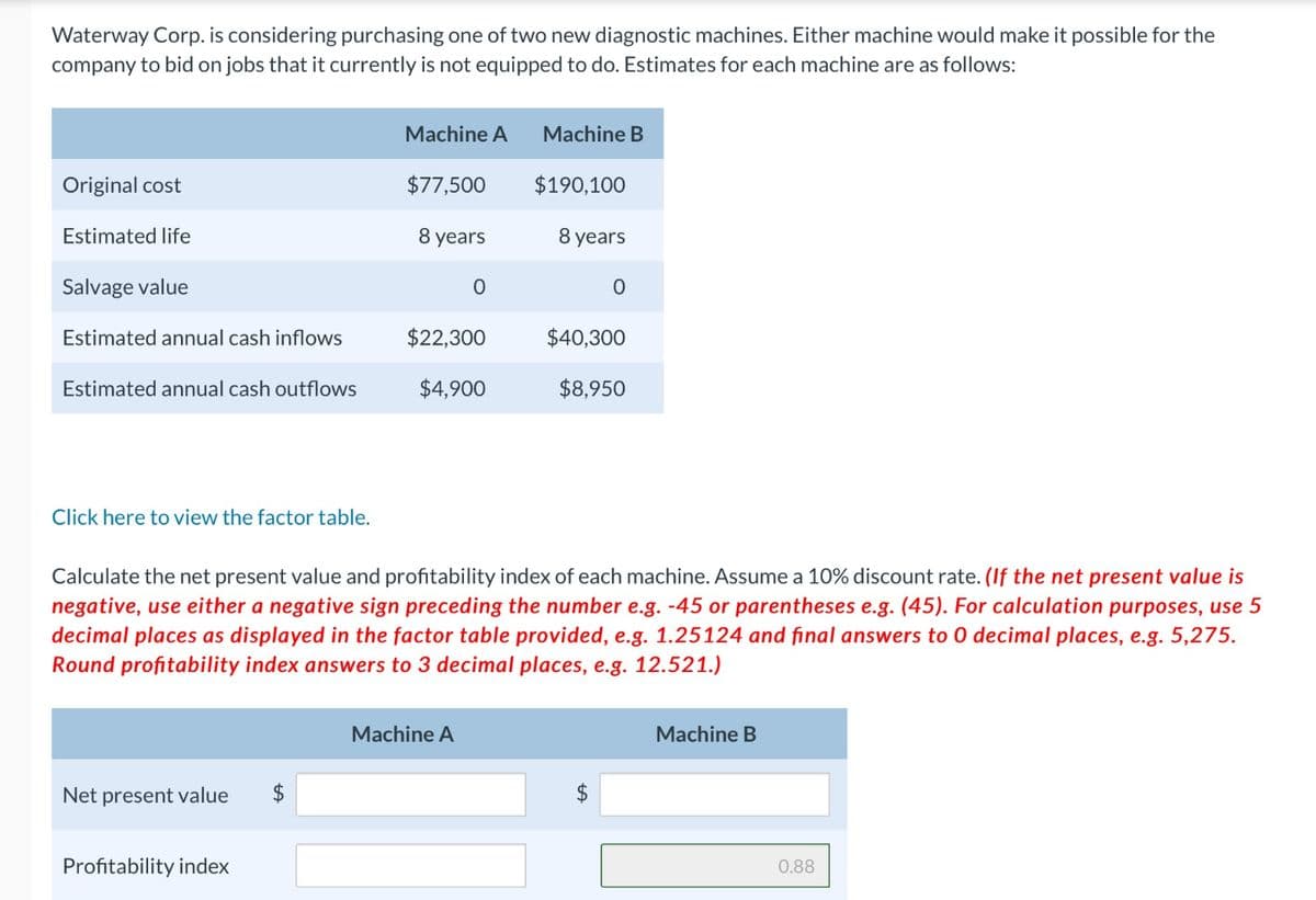 Waterway Corp. is considering purchasing one of two new diagnostic machines. Either machine would make it possible for the
company to bid on jobs that it currently is not equipped to do. Estimates for each machine are as follows:
Original cost
Estimated life
Salvage value
Estimated annual cash inflows
Estimated annual cash outflows
Click here to view the factor table.
Net present value $
Machine A Machine B
Profitability index
$77,500
8 years
0
$22,300
$4,900
Machine A
$190,100
8 years
Calculate the net present value and profitability index of each machine. Assume a 10% discount rate. (If the net present value is
negative, use either a negative sign preceding the number e.g. -45 or parentheses e.g. (45). For calculation purposes, use 5
decimal places as displayed in the factor table provided, e.g. 1.25124 and final answers to 0 decimal places, e.g. 5,275.
Round profitability index answers to 3 decimal places, e.g. 12.521.)
0
$40,300
$8,950
Machine B
0.88