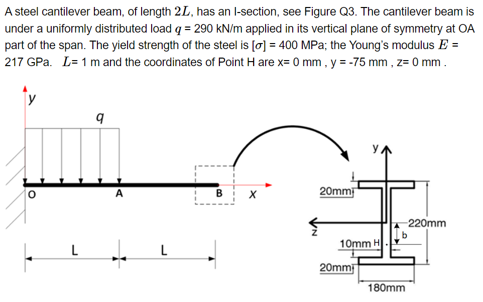 A steel cantilever beam, of length 2L, has an l-section, see Figure Q3. The cantilever beam is
under a uniformly distributed load q = 290 kN/m applied in its vertical plane of symmetry at OA
part of the span. The yield strength of the steel is [o] = 400 MPa; the Young's modulus E =
217 GPa. L= 1 m and the coordinates of Point H are x= 0 mm, y = -75 mm, z= 0 mm.
y
q
A
B
X
20mm
10mm H
20mmi
-220mm
b
180mm
