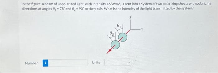 In the figure, a beam of unpolarized light, with intensity 46 W/m², is sent into a system of two polarizing sheets with polarizing
directions at angles 8₁ = 78 and 8₂= 90° to the y axis. What is the intensity of the light transmitted by the system?
Number
Units
-X