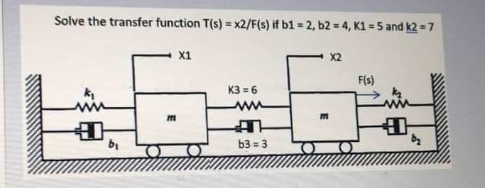 Solve the transfer function T(s) = x2/F(s) if b1 = 2, b2 = 4, K1=5 and k2= 7
k₁
Đ
b₁
K3=6
6=6%
b3=3
F(s)