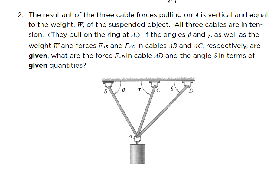 2. The resultant of the three cable forces pulling on A is vertical and equal
to the weight, W, of the suspended object. All three cables are in ten-
sion. (They pull on the ring at A.) If the angles ß and y, as well as the
weight W and forces FAB and Fac in cables AB and AC, respectively, are
given, what are the force FAD İN cable AD and the angle ô in terms of
given quantities?
В
A
