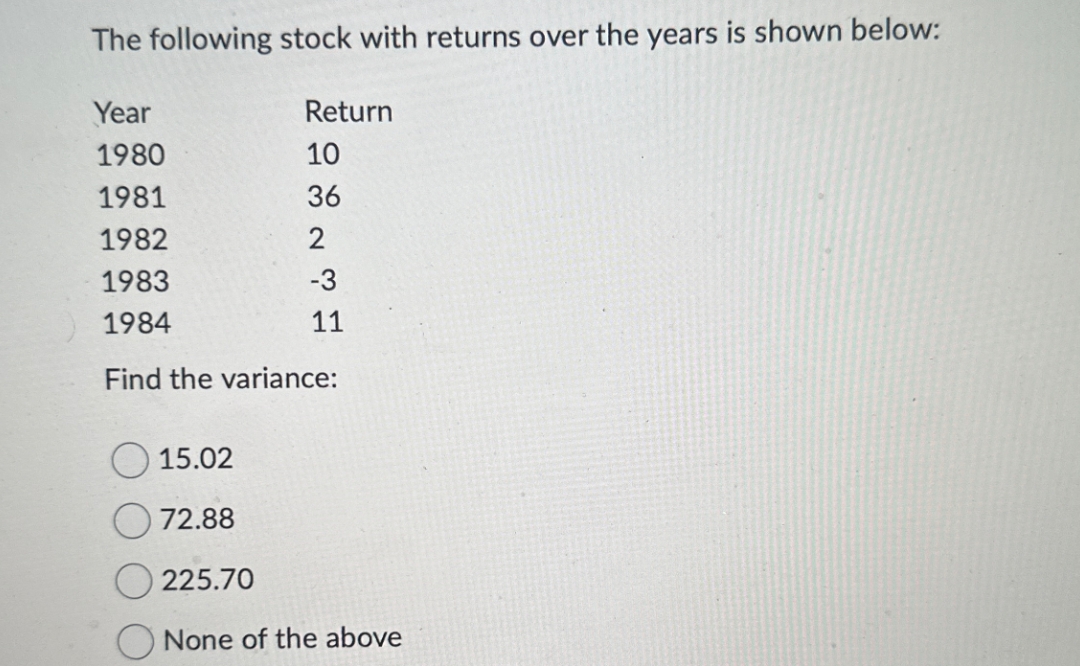 The following stock with returns over the years is shown below:
Year
Return
1980
10
1981
36
1982
2
1983
-3
1984
11
Find the variance:
15.02
72.88
225.70
None of the above